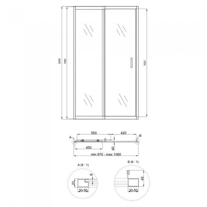 Душові двері в нішу Qtap Taurus CRM201-11.C6 97-108x200 см, скло Clear 6 мм, покриття CalcLess