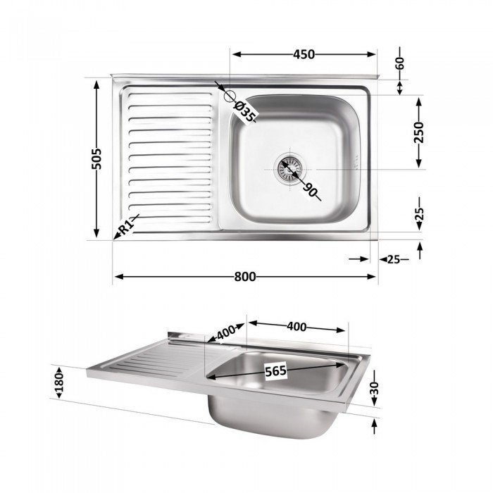 Кухонная мойка Lidz 5080-R 0,8 мм Satin (LIDZ5080RSAT8)