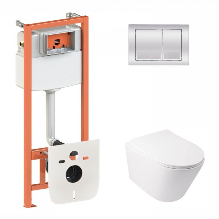 Готовое решение Qtap для ванной комнаты: подвесной унитаз  Swan Rimless 520х360х320 + комплект инсталляции Nest 4 в 1 (квадратная клавиша Chrome)