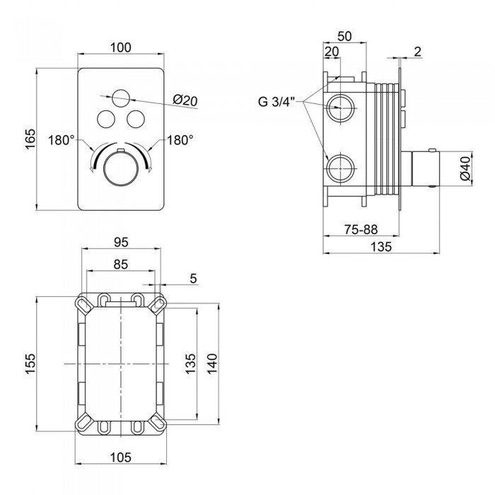 Змішувач для душу Qtap Votice термостатичний прихованого монтажу на три споживача QTVOT6443T105NKB Black Matt