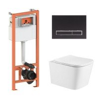 Готовое решение Qtap для ванной комнаты: подвесной унитаз Crow Ultra Quiet 490x360x290 + комплект инсталляции Nest 4 в 1 (линейная клавиша Black mat)