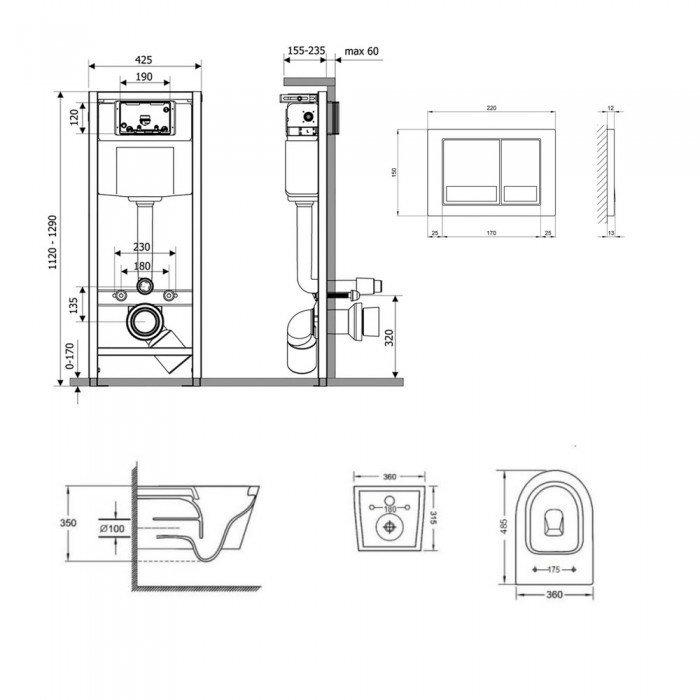 Готовое решение Qtap для ванной комнаты: подвесной унитаз Jay Ultra Quiet 485x360x320 + комплект инсталляции Nest 4 в 1 (квадратная клавиша Satin)
