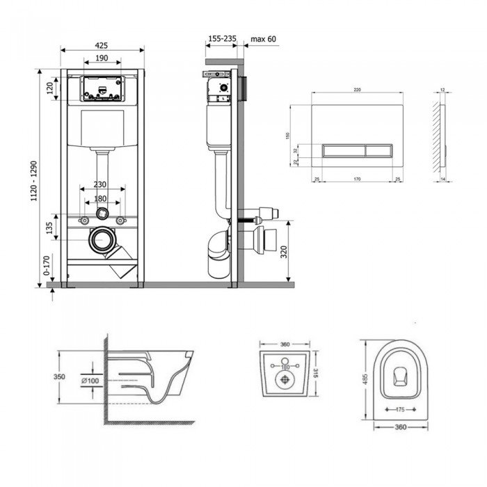 Готове рішення Qtap для ванної кімнати: підвісний унітаз Jay Ultra Quiet 485x360x320 + комплект інсталяції Nest 4 в 1 (лінійна клавіша White)