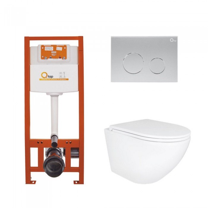 Готове рішення Qtap для ванної кімнати: підвісний унітаз Robin Ultra Quiet 490x365x325 + комплект інсталяції Nest 4 в 1 (кругла клавіша Satin)