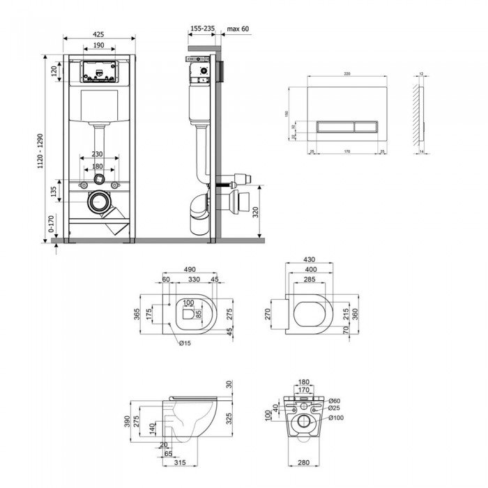 Готовое решение Qtap для ванной комнаты: подвесной унитаз Robin Ultra Quiet 490x365x325 + комплект инсталляции Nest 4 в 1 (линейная клавиша White)