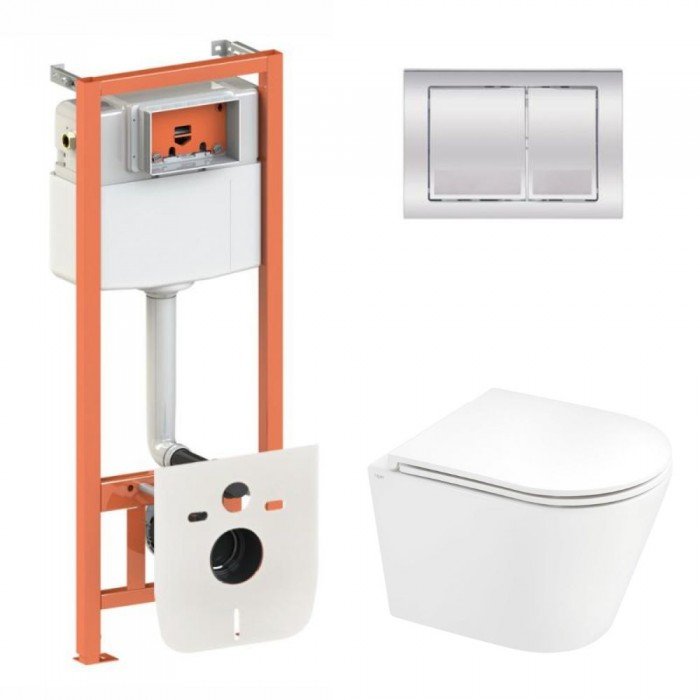 Готовое решение Qtap для ванной комнаты: подвесной унитаз Scorpio Ultra Quiet + комплект инсталляции Nest 4 в 1 (квадратная клавиша Chrome)