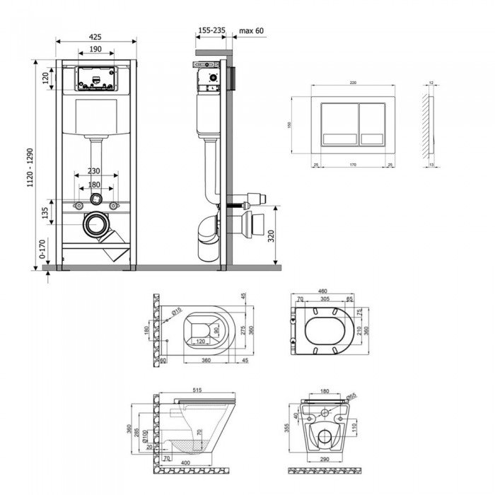 Готовое решение Qtap для ванной комнаты: подвесной унитаз Scorpio Ultra Quiet + комплект инсталляции Nest 4 в 1 (квадратная клавиша Chrome)