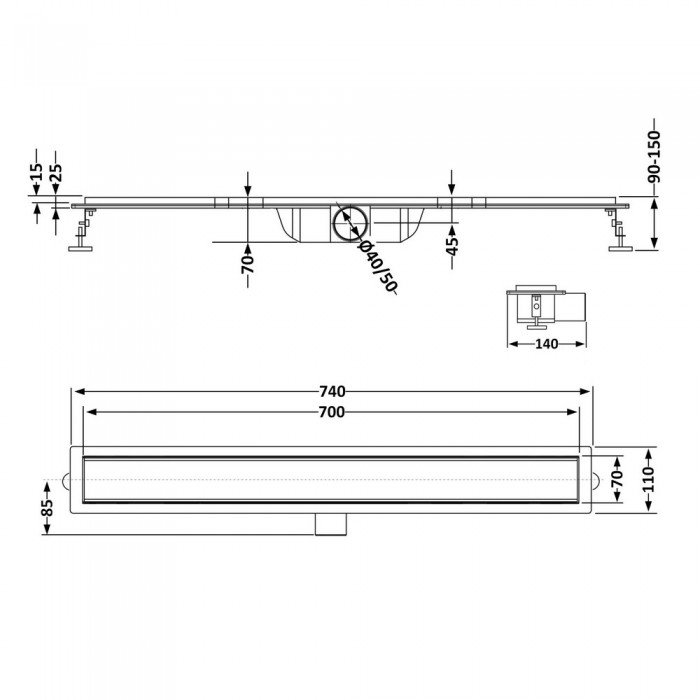 Трап із нержавіючої сталі Qtap Taurus Tile700 лінійний із сухим затвором під плитку