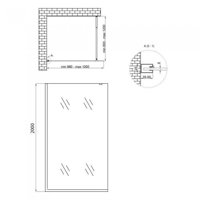 Душевая перегородка Qtap Walk-In Standard BLM201.C8 100х200 см, стекло Clear 8 мм, покрытие CalcLess