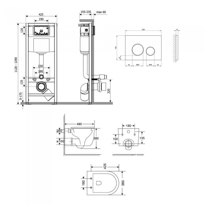 Готове рішення Qtap для ванної кімнати: підвісний унітаз Taurus Ultra Quiet 490x360x380 + комплект інсталяції Nest 4 в 1 (кругла клавіша Satin)