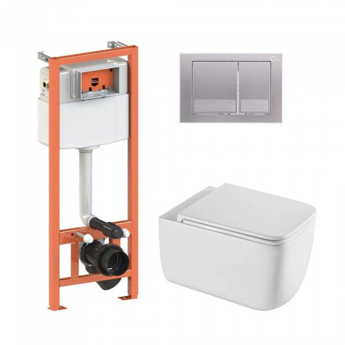 Готовое решение Qtap для ванной комнаты: подвесной унитаз Gemini Ultra Quiet 530х365х373 + комплект инсталляции Nest 4 в 1 (квадратная клавиша Satin)