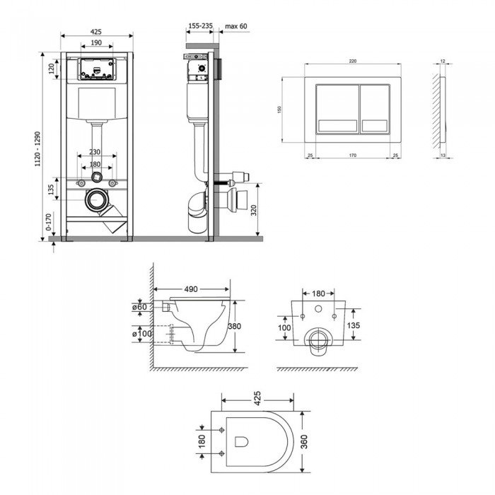 Готове рішення Qtap для ванної кімнати: підвісний унітаз Taurus Ultra Quiet 490x360x380 + комплект інсталяції Nest 4 в 1 (квадратна клавіша Satin)