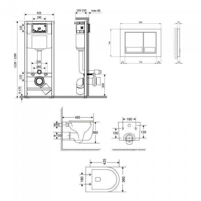 Готове рішення Qtap для ванної кімнати: підвісний унітаз Taurus Ultra Quiet 490x360x380 + комплект інсталяції Nest 4 в 1 (квадратна клавіша Chrome)