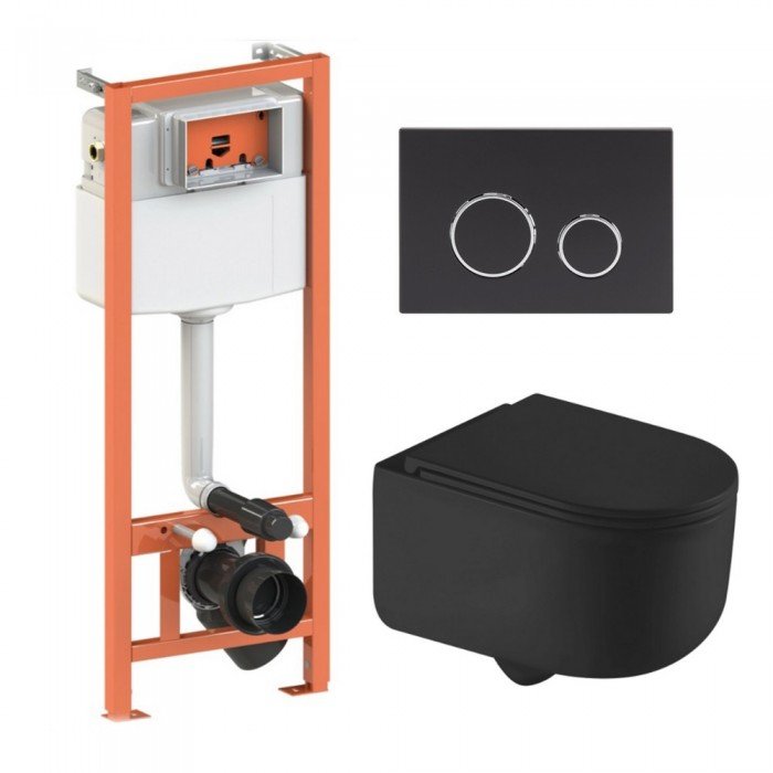 Готовое решение Qtap для ванной комнаты: подвесной унитаз Taurus Ultra Quiet 490x360x380 + комплект инсталляции Nest 4 в 1 (круглая клавиша Black mat)