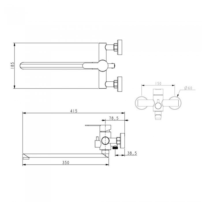 Змішувач для ванни Brinex Pure 005 з довгим поворотним виливом (з душовим гарнітуром) Graphite BRIPUR005GRP