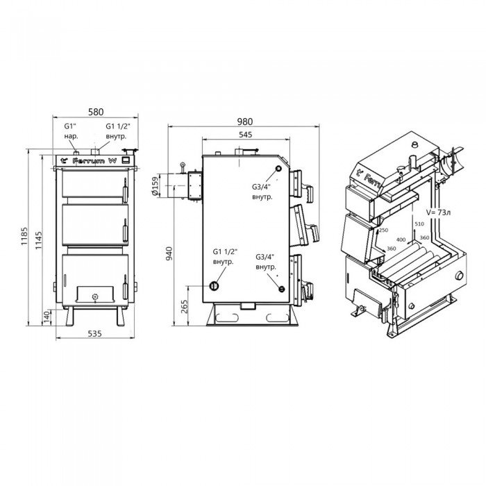 Котел твердотопливный стальной Thermo Alliance Ferrum W V 5.0 FW 14