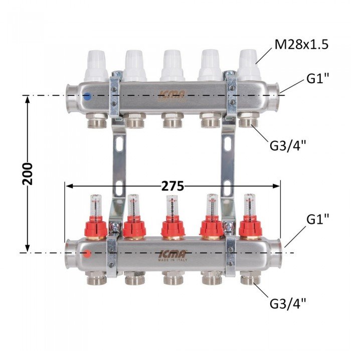 Коллектор с расходомерами (нерж.) 1"х5 Icma № К073