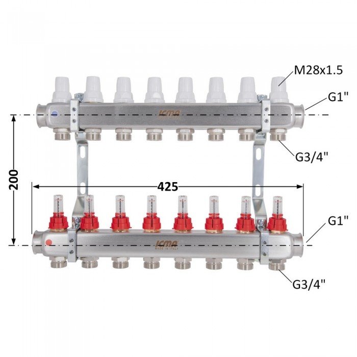 Коллектор с расходомерами (нерж.) 1"х8 Icma № К073