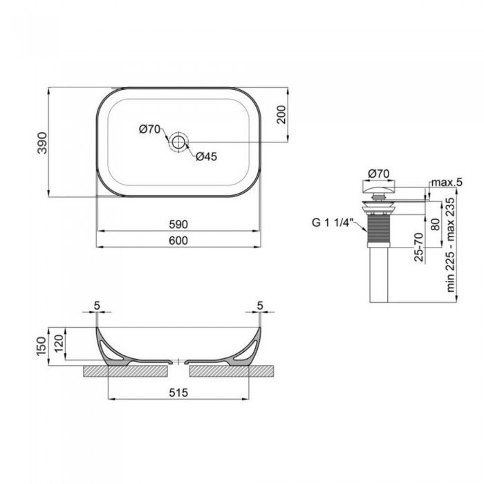 Комплект Qtap Robin: Раковина накладна прамокутна 600x390x150 мм Matt Black + Донний клапан PU03