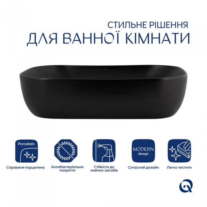 Комплект Qtap Robin: Раковина накладна прамокутна 600x390x150 мм Matt Black + Донний клапан PU03