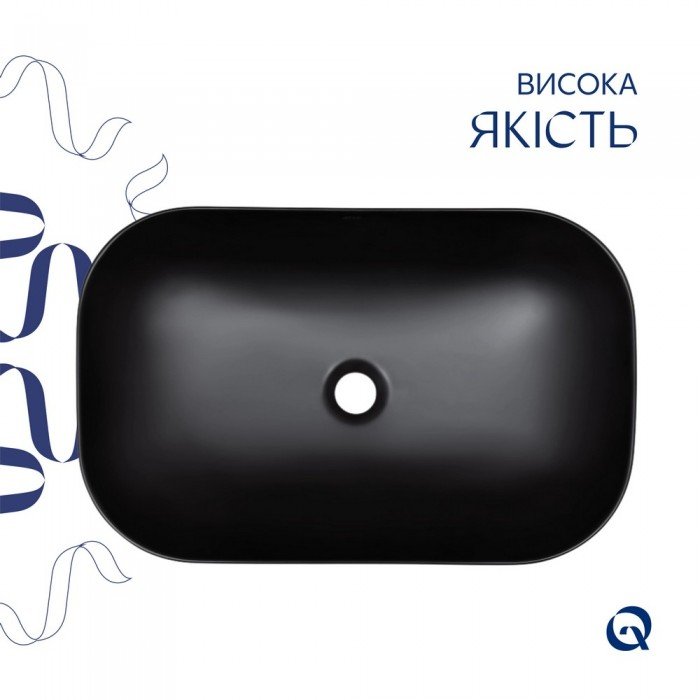 Комплект Qtap Robin: Раковина накладна прамокутна 600x390x150 мм Matt Black + Донний клапан PU03