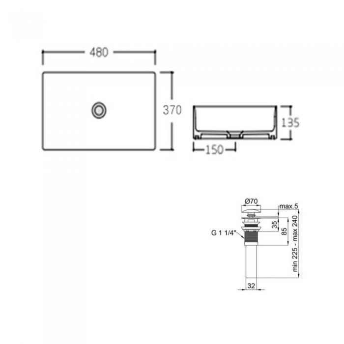 Комплект Qtap Tern: Раковина накладная прямоугольная 480х370х135 мм Matt Black + Донный клапан PU03
