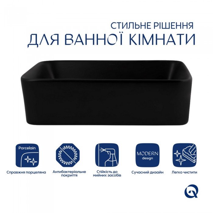 Комплект Qtap Tern: Раковина накладная прямоугольная 480х370х135 мм Matt Black + Донный клапан PU03