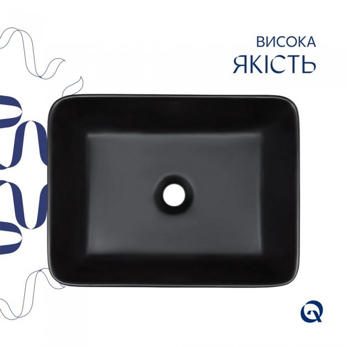 Комплект Qtap Tern: Раковина накладная прямоугольная 480х370х135 мм Matt Black + Донный клапан PU03