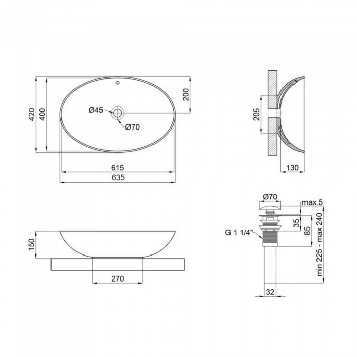 Комплект Qtap Dove: Раковина накладна овальна 635x420x150 мм White + Донний клапан PU02O