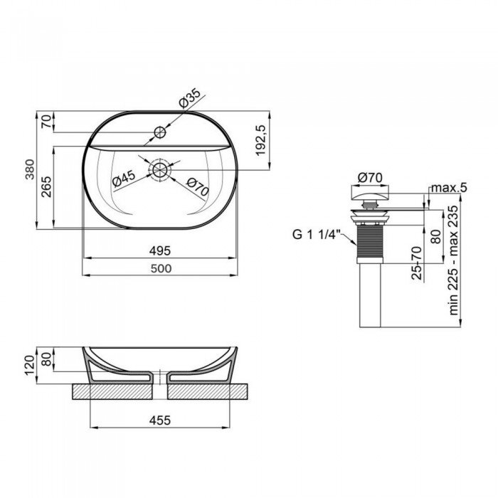 Комплект Qtap Scorpio: Раковина накладна овальна 500x380x120 мм Matt Black + Донний клапан PU03