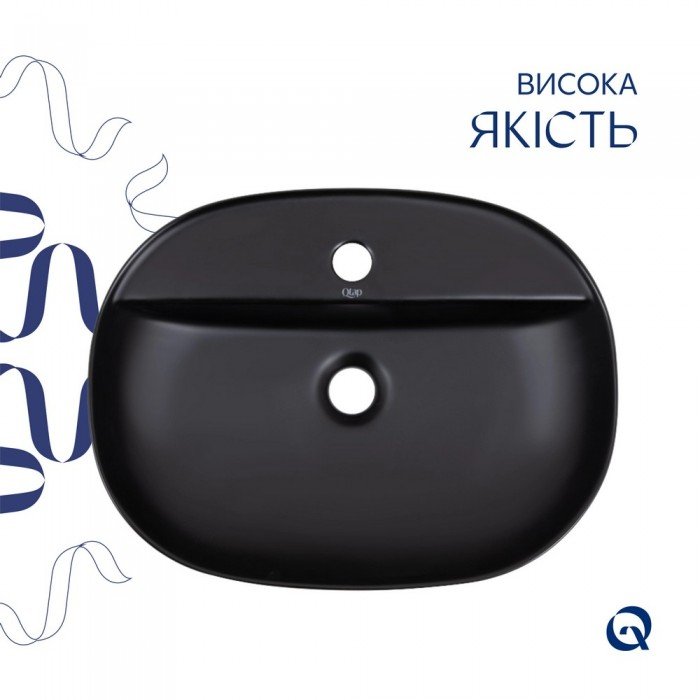 Комплект Qtap Scorpio: Раковина накладна овальна 500x380x120 мм Matt Black + Донний клапан PU03
