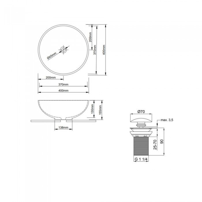 Комплект Qtap Owl: Раковина накладна кругла 400х400х155 мм White + Донний клапан PU02