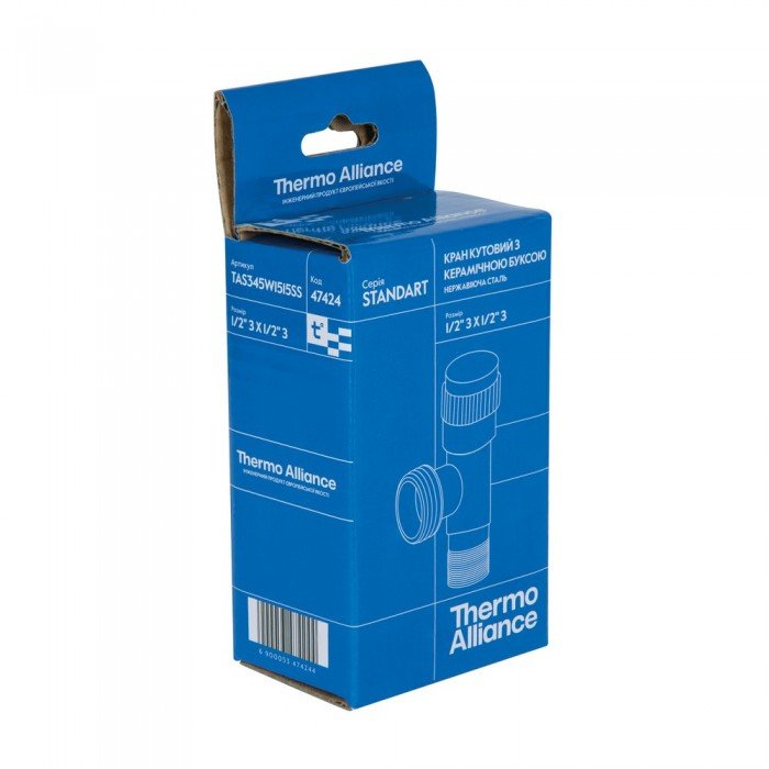 Кран угловой Thermo Alliance Standart 1/2"НН нерж., с керам. буксой TAS345W1515SS