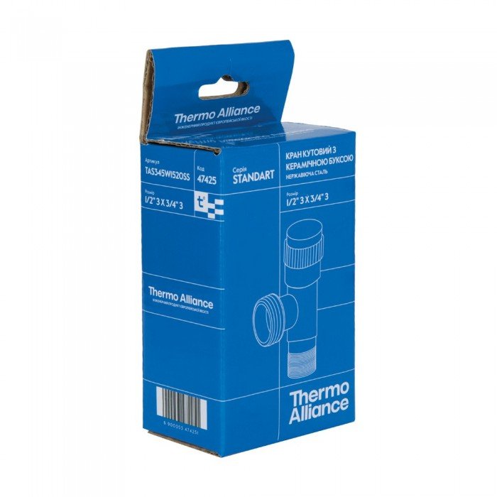 Кран угловой Thermo Alliance Standart 1/2"Нх3/4"Н нерж., с керам. буксой TAS345W1520SS