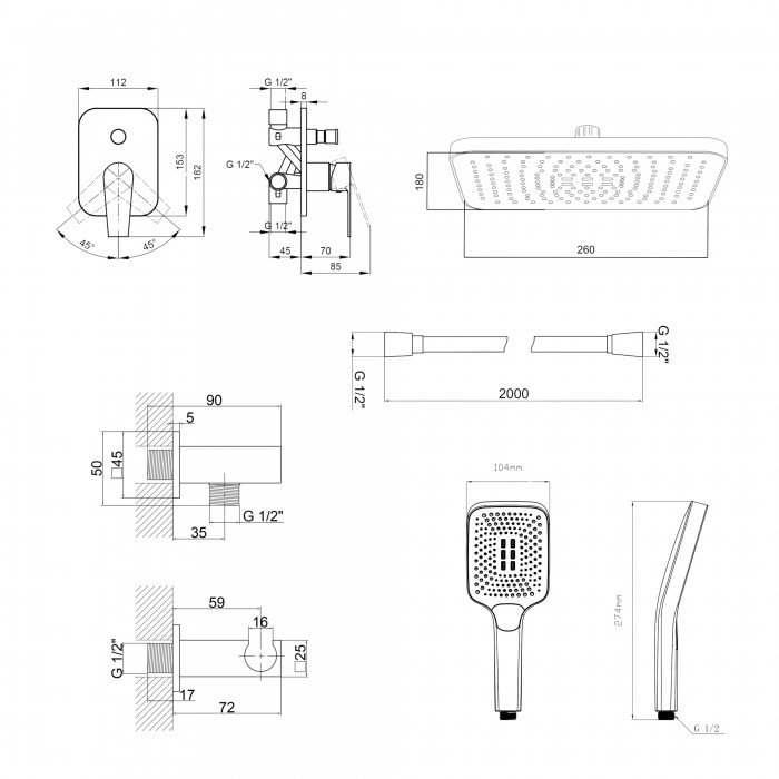 Комплект для душу Qtap Stenava Chrome: Змішувач QTST6245102DC + Лійки (QTRUC125CRM45954,QTHLA107CRM45784) + Шланг QTHADPVC200C + QTCRMBH130