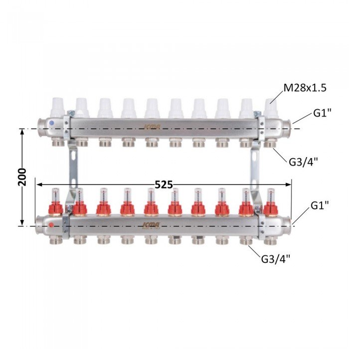 Коллектор Icma № К073 с расходомерами (нерж.) 1" х 3/4" на 10 выходов