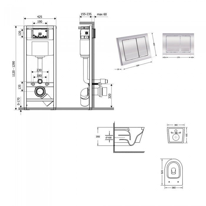 Готове рішення Qtap для ванної кімнати: підвісний унітаз Swan Ultra Quiet 520x360x320 + комплект інсталяції Nest 4 в 1 (квадратна клавіша Chrome)