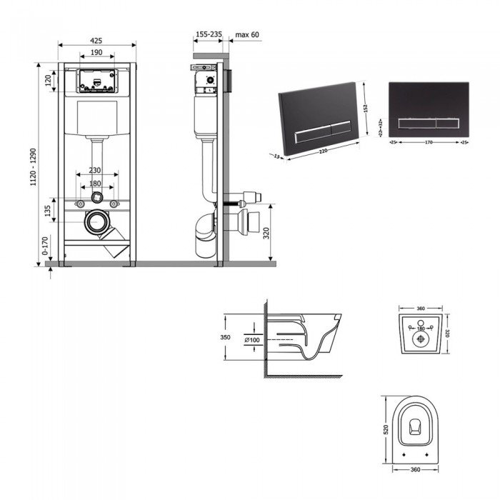 Готовое решение Qtap для ванной комнаты: подвесной унитаз Jay Ultra Quiet 520x360x320 + комплект инсталляции Nest 4 в 1 (линейная клавиша Black mat)