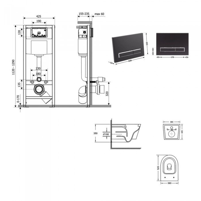 Готовое решение Qtap для ванной комнаты: подвесной унитаз Swan Ultra Quiet 520×360×320 + комплект инсталляции Nest 4 в 1 (линейная клавиша Black mat)