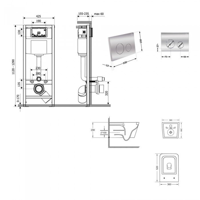 Готовое решение Qtap для ванной комнаты: подвесной унитаз Crow Ultra Quiet 520×360×290 + комплект инсталляции Nest 4 в 1 (круглая клавиша Chrome)
