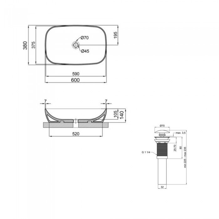 Комплект Qtap Cardinal: Раковина накладная 600x380x140 мм, White, овальная + Донный клапан Pop-up PU02