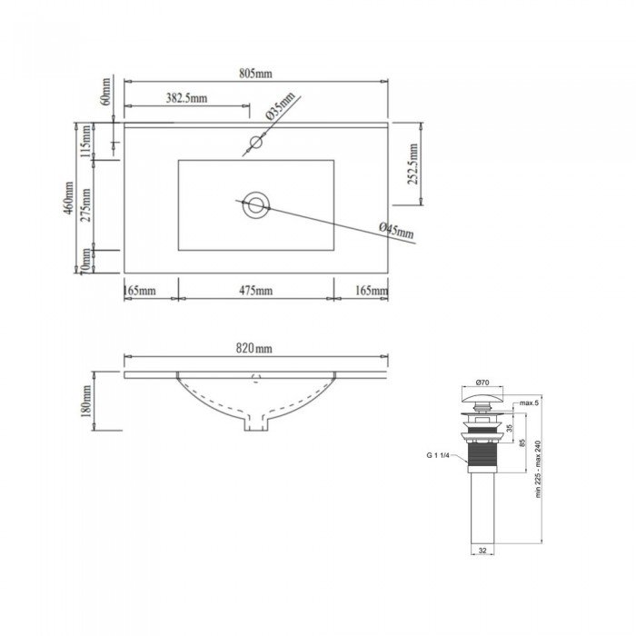 Комплект Albatross: Раковина врезная мебельная 820x460x180 мм, White, прямоугольная + Донный клапан Pop-up PU02O