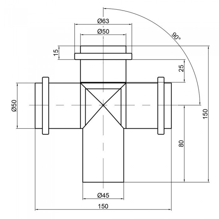 Крестовина канализационная TA Sewage 50, 90°