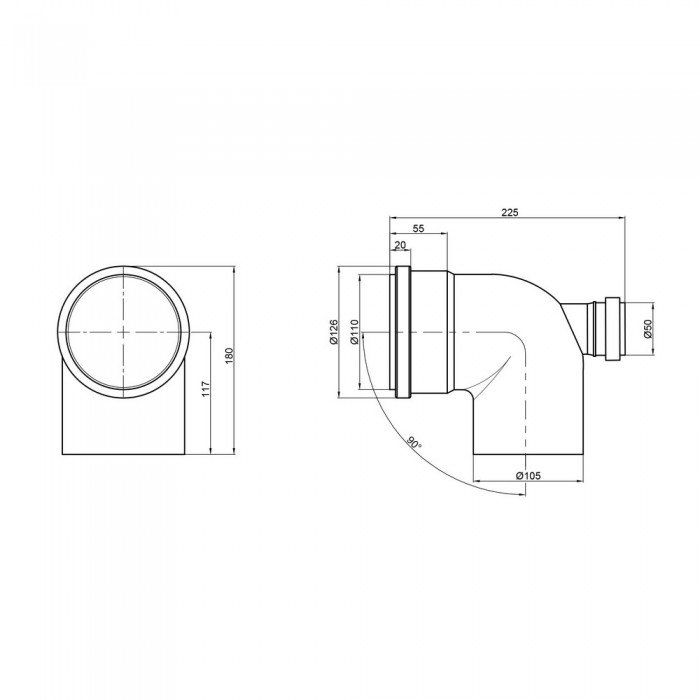 Колено канализационное с отводом TA Sewage 50х110х110, 90° (назад)