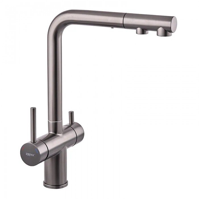Кухонний змішувач на дві води Zerix LUX-024 Graphite з висувною лійкою (нерж. сталь) (ZX5557)
