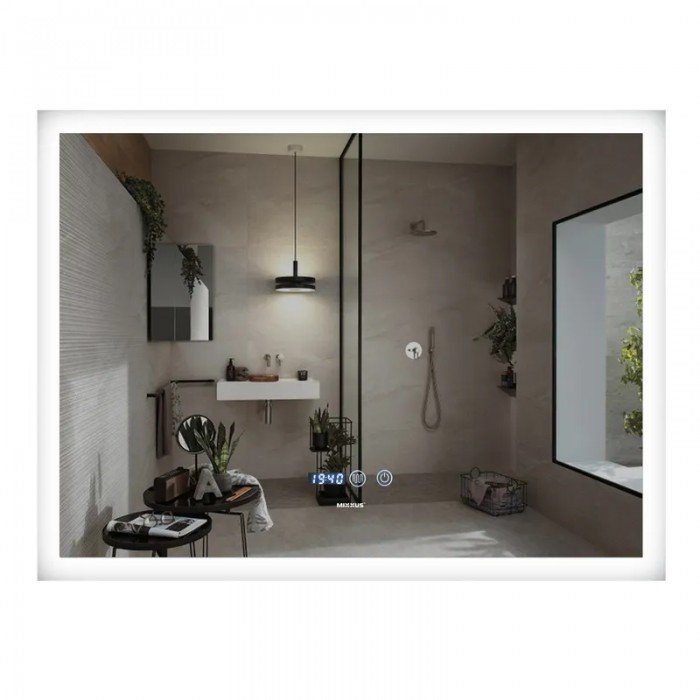 Зеркало Mixxus FLAT MR04-80x60 с Led Touch, Anti-fog, димером, регулятором яркости, часами (MI6928)