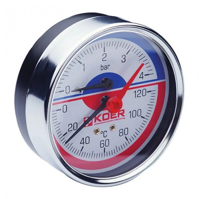Термо-манометр аксиальный (KOER KM.812A) (0-4 bar), D 80мм, 1/4''-1/2'' (KR0221) Термо-манометр аксиальный (KOER KM.812A) (0-4 bar), D 80мм, 1/4''-1/2'' (KR0221)