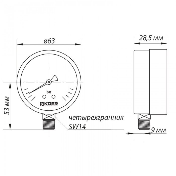 Манометр радиальный KOER KM.610R D 63мм (0-6 bar) 1/4''-1/2'' (KR2903)