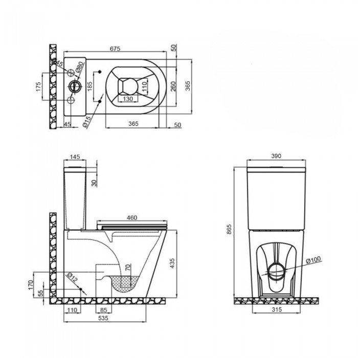 Чаша унітазу-компакту Mixxus Premium Bevel-0402-T1 Bowl 670х390х880 Tornado 1.0 без сидіння (MI8353)