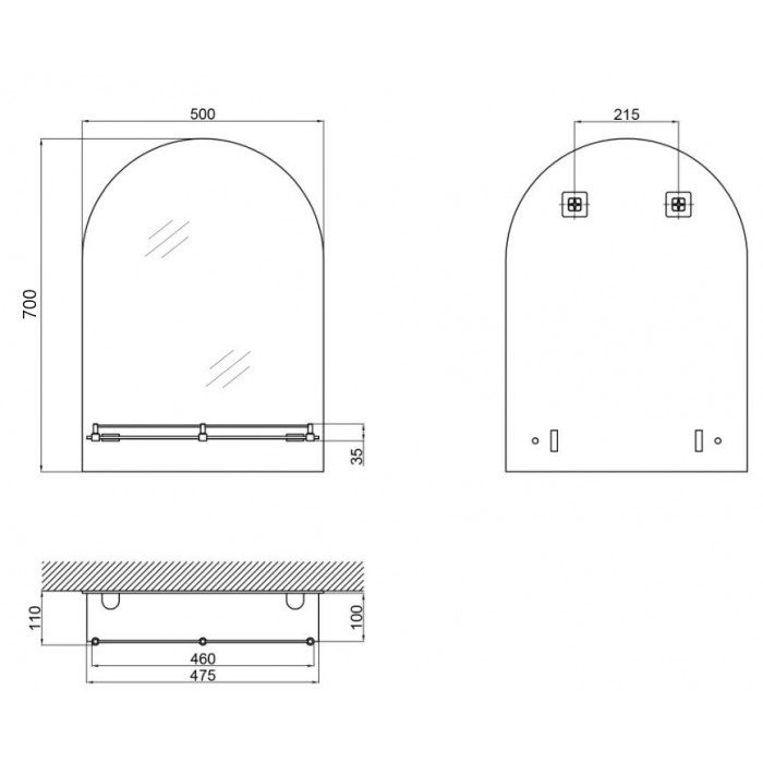 Зеркало настенное Zerix LAGUNA MRZ03-50x70x11 прямоугольное с дугообразным верхом и полкой (ZX5622)